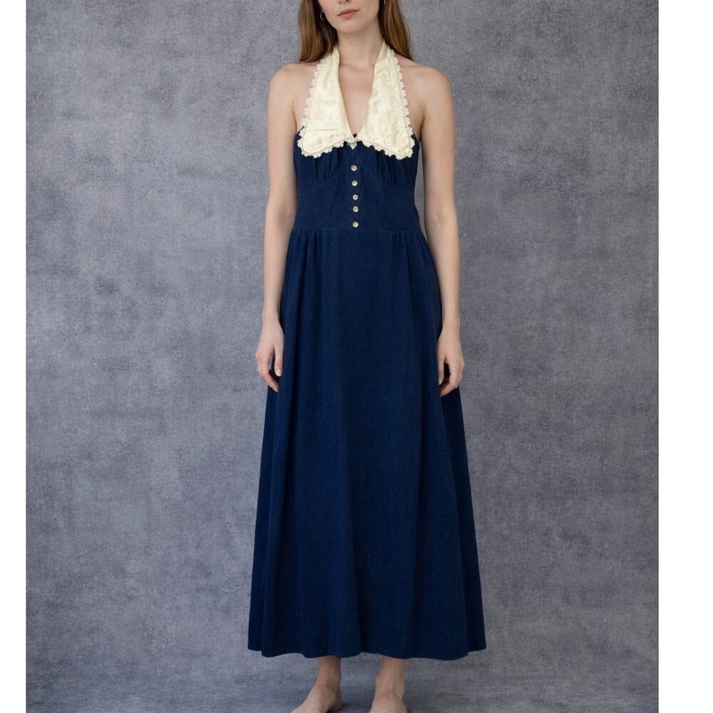 Vintage Navy Blue Halter Dress Lace Collar Cottage Luxe Small 7 Velour Victorian